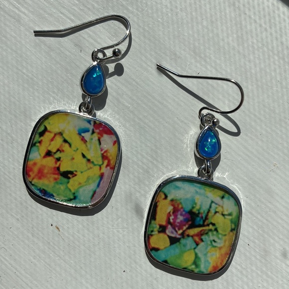 Dangle Square Bohemian Earrings Color Splash of Multiple Colors and Silver New - Picture 4 of 8